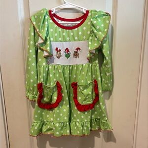 Green Polka Dot w/ Red Trim Christmas Dress ft Cindy Lou, Grinch & Max